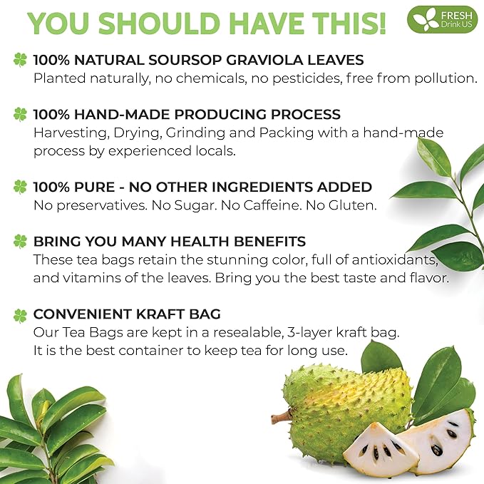 FreshDrinkUS, Premium 75 Soursop Graviola Leaf Tea Bags, 100% Natural and Pure from Soursop Leaves, Handmade, Made With Natural Materials-Corn Fiber Tea Bag, Sugar/ Caffeine/ Gluten Free, Hoja Guanabana Tea