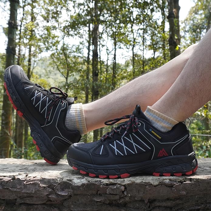 Queday Men's Waterproof Hiking Shoes Lightweight Anti Slip Outdoor Ankle Boots Breathable Hike Trekking Trails Shoe