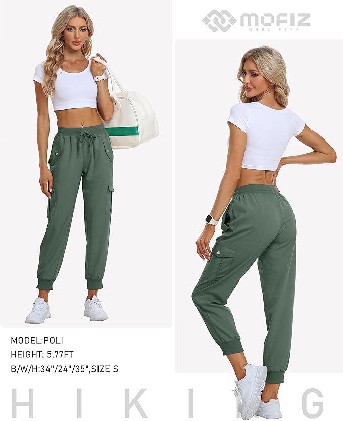 MoFiz Women's Outdoor Cargo Pants Lightweight Joggers Elastic Waist Athletic Hiking Sweatpants Casual Travel Pant with Pocket