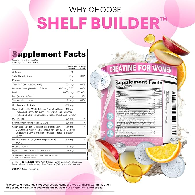 Creatine for Women | Creatine Monohydrate + BCAA Powder Myo-Inositol Collagen Biotin Hyaluronic Acid Folate L Glutamine Vitamin D3 Iron Zinc D-Chiro-Maca Digestion Shelf Builder by Clean Nutra