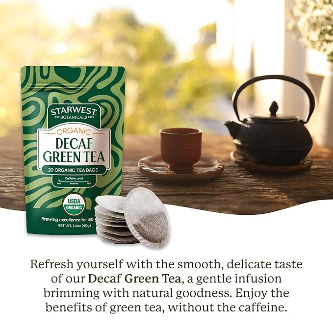 Starwest Botanicals Organic Decaf Green Tea - Decaffeinated Herbal Tea, Caffeine Free Tea with Antioxidant Properties, String Free Sachets, USDA Organic Green Tea Leaf, Non GMO - 20 Tea Bags