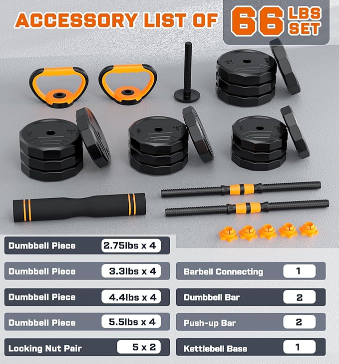 5-in-1 Adjustable Dumbbell Set, 33/44/66/88lbs Free Weights Set with Connector, Used as Kettlebells, Barbell, Push up Stand, Standard 1" Plates, Fitness Exercises for Home Gym Suitable Women/Men