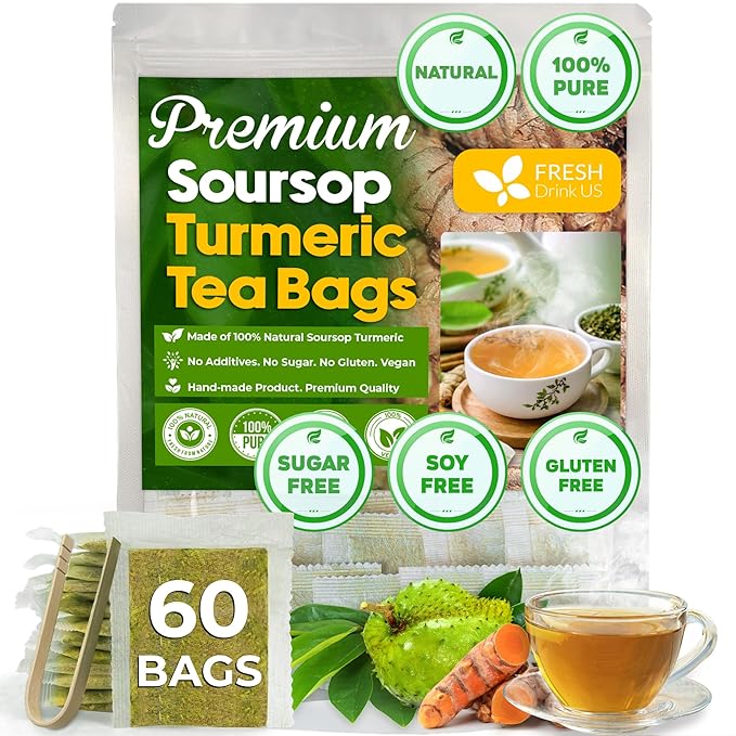 FreshDrinkUS, Premium 60 Soursop Turmeric Tea Bags, 100% Natural, Blend of Soursop Leaves, and Turmeric Root. Made with Natural Material Tea Bags. No Sugar, Vegan.