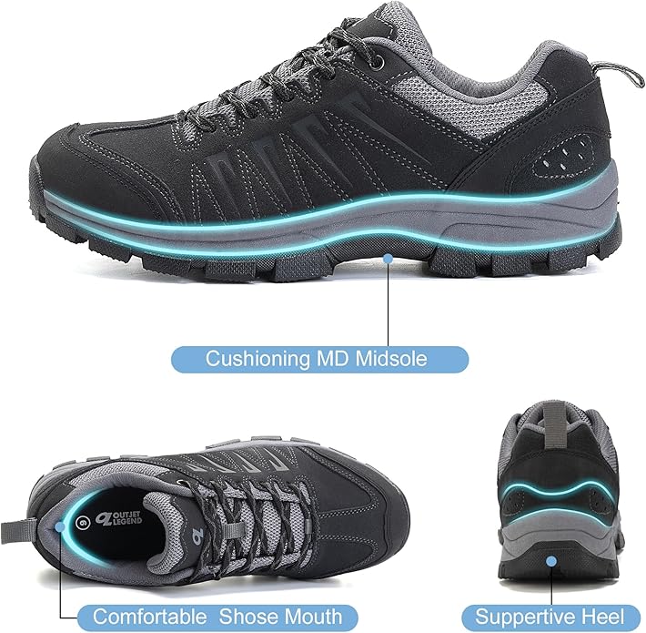 OL OUTJET LEGEND Men's Waterproof Hiking Shoes Leather Comfortable Lightweight Anti-Slip Outdoor Walking Work Sneakers