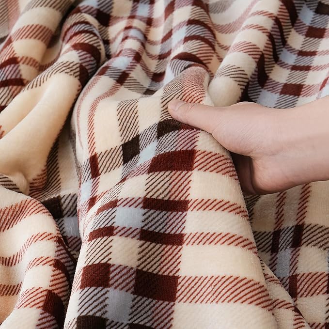 PU MEI Sherpa Fleece Throw Blanket 60" x 80" Reversible Plush Fluffy Large Big Blanket Lattice Flannel Blankets for All Season Use, Beige Stripe