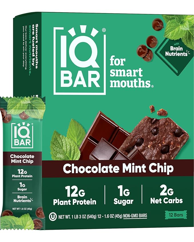 IQBAR Brain and Body Plant Protein Bars - Chocolate Mint Chip - 12-Count Low Carb - Gluten Free, High Fiber, Vegan Snacks - Low Sugar Meal Replacement