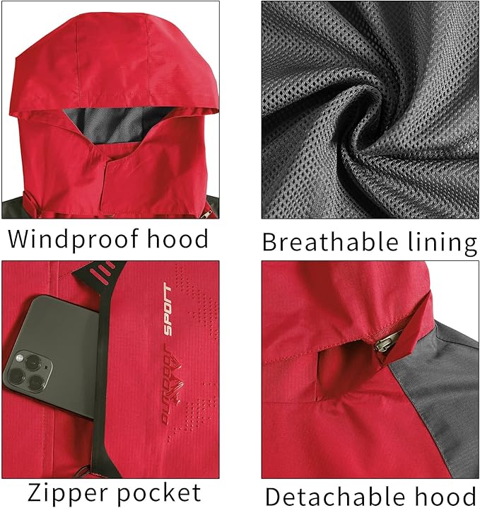 TEZO Mens Rain Jacket Waterproof with Hooded Hiking Coat Lightweight Windbreaker
