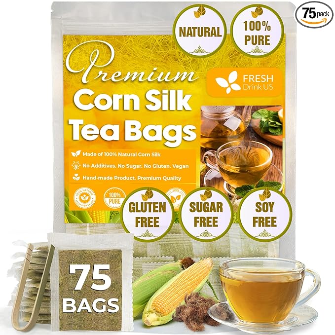FreshDrinkUS, Premium 75 Tea Bags Corn Silk Tea, 100% Natural & Pure from Corn Silk. Corn Silk Herbal Tea. Clean Ingredients. Made with Natural Material Tea Bags. No Sugar, No Caffeine, Vegan.