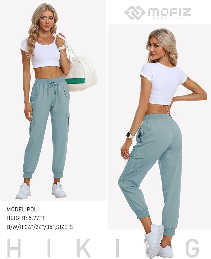 MoFiz Women's Outdoor Cargo Pants Lightweight Joggers Elastic Waist Athletic Hiking Sweatpants Casual Travel Pant with Pocket