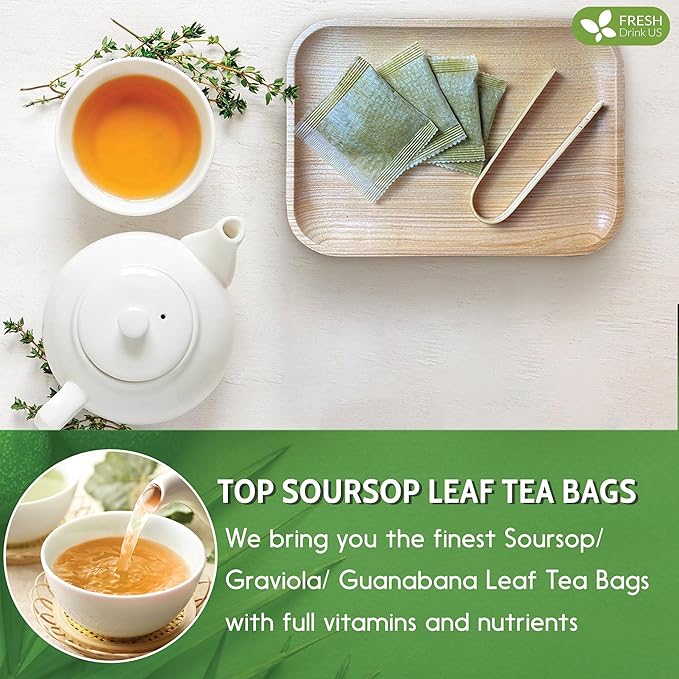FreshDrinkUS, 60 Premium - The Top Soursop Graviola Leaf Tea Bags, 100% Pure & Natural from Soursop Leaves, Handmade, Made With Natural Materials-Corn Fiber Tea Bag, Sugar/Caffeine/Gluten Free, Hoja Guanabana Tea
