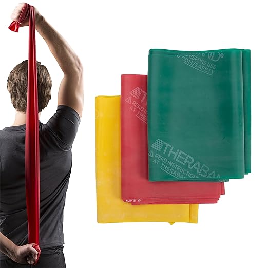 THERABAND Resistance Band Set, Professional Elastic Bands for Upper & Lower Body, Core Exercise, Physical Therapy, Lower Pilates, At-Home Workouts, & Rehab, 5 Foot, Yellow, Red & Green, Beginner