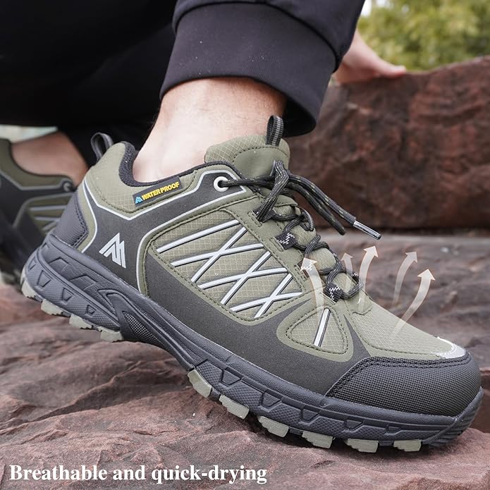 Queday Men's Waterproof Hiking Shoes Lightweight Anti Slip Outdoor Ankle Boots Breathable Hike Trekking Trails Shoe