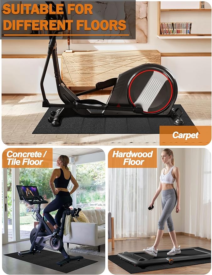 Treadmill Mat, 5'x2.5'/5.6'x2'/6.5'x3'/8'x3',6mm Thickness Exercise Equipment Mat for Carpet Hardwood Floors, Compatible with Walking Pad,Spin Bike,Elliptical Trainer,Rowing Machine