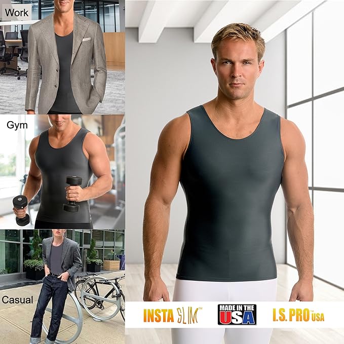 Insta Slim -Made in USA- Compression Tank-Top Shapewear for Men. Tummy Control Slimming Body-Shaper for Belly & Back Support
