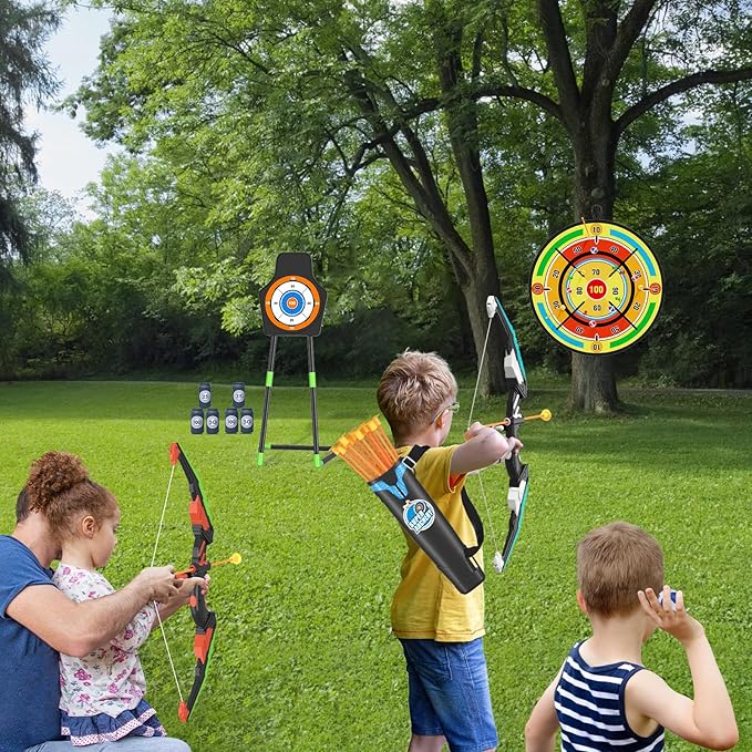 2 Pack Kids Bow and Arrow with 29" Large Dart Board, LED Light Up Archery Set with 24 Suction Cup Arrows, Indoor Outdoor Sport Toys Gifts for 3 4 5 6 7 8 9 10 11 12 Year Old Boys Girls