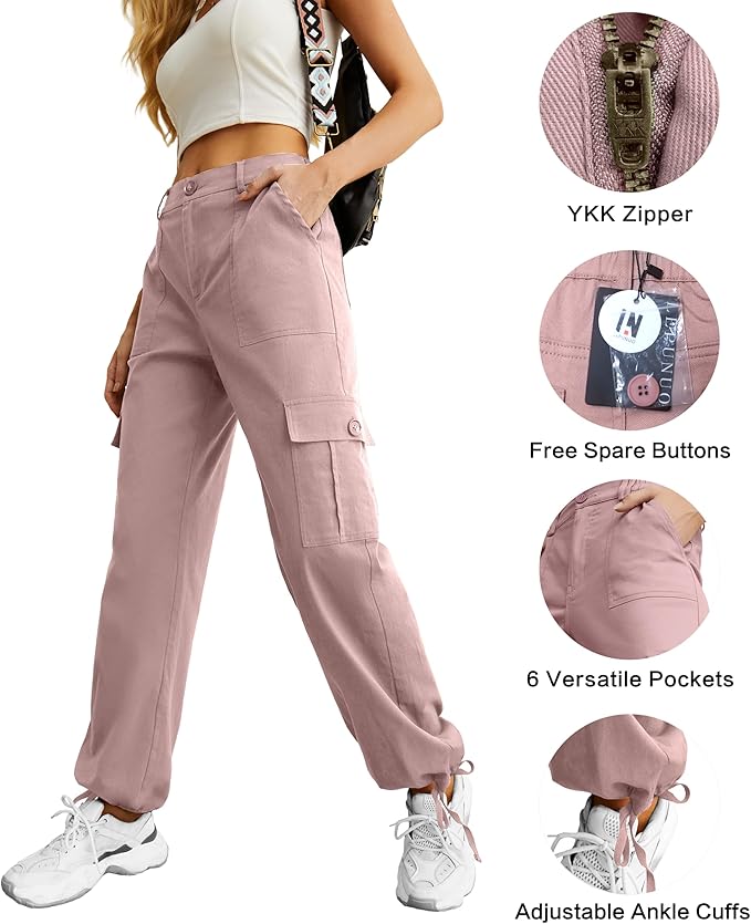 Lepunuo Women's High Waisted Cargo Pants Travel Y2K Streetwear Baggy Stretchy Pants with 6 Pockets Drawstring Ankle Cuffs