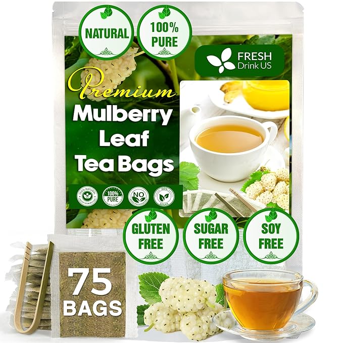 FreshDrinkUS Premium 75 Mulberry Leaf Tea Bags, 100% Natural & Pure. Loose Leaf Herbal Tea. Made with Natural Material Tea Bags. No Sugar, No Caffeine, No Gluten, Vegan