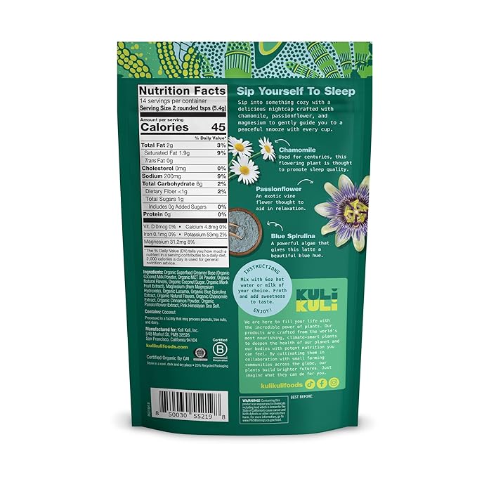 Kuli Kuli Vanilla Lavender Superfood Latte - Magnesium - Vegan & Organic Sleep Support with Chamomile, Passionflower, and Lavender - Plant-Based Drink