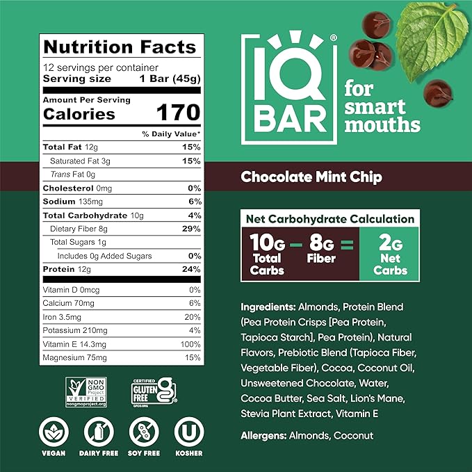 IQBAR Brain and Body Plant Protein Bars - Chocolate Mint Chip - 36-Count Low Carb - Gluten Free, High Fiber, Vegan Snacks - Low Sugar Meal Replacement