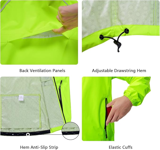 Men's Cycling Running Rain Jacket Lightweight Waterproof Biking Hiking Windbreaker Raincoat Reflective Packable