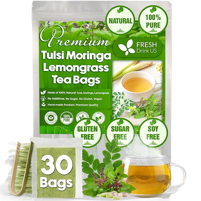 FreshDrinkUS, Premium 30 Tea Bags Tulsi Moringa Lemongrass, 100% Natural & Pure from Tulsi Holy Basil Leaves, Moringa & Lemongrass. Made with Natural Material Tea Bags. No Sugar, No Caffeine, Vegan.
