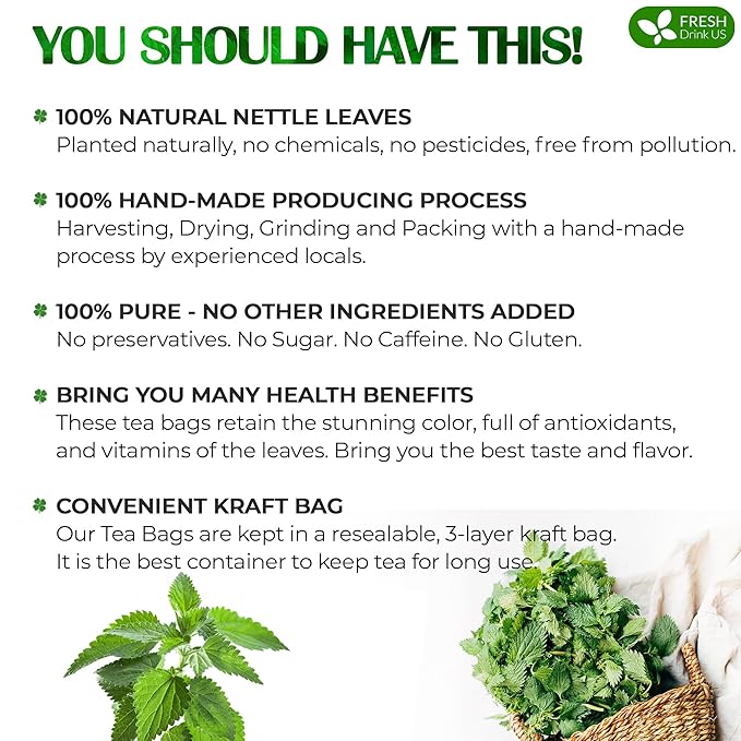 FreshDrinkUS, Premium 135 Nettle Leaf Tea Bags, 100% Natural & Pure, Stinging Nettle Leaf Tea, Nettle Leaf Tea, Burn Nettle, Stinging Nettle, Nettle Tea, Stinger Tea, No Sugar/ Caffeine & Gluten, Vegan