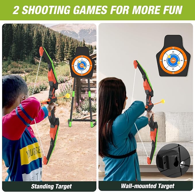 Bow and Arrow for Kids, LED Light Up Archery Set with 12 Suction Cup Arrows, 1 Standing Target, 3 Score Targets & 1 Quiver, Indoor Outdoor Sport Gifts for Boys Girls Ages 4-12, Green