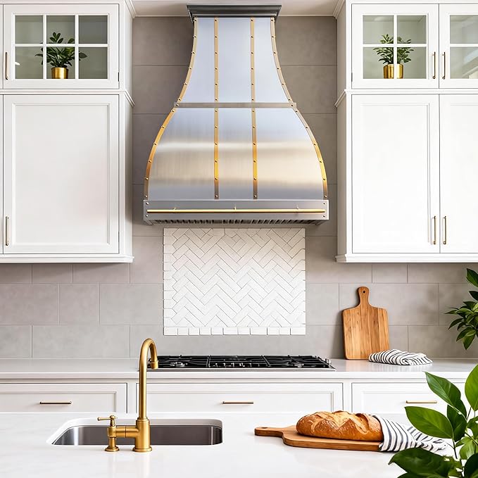 CHETTO C Stainless Steel Range Hood Cover with Quiet Vent Hood Insert Custom Handcrafted Metal Kitchen Fan with Towel Rack LED Light 36"W x24"D x48"H Brushed Stainless Steel Wall Mount