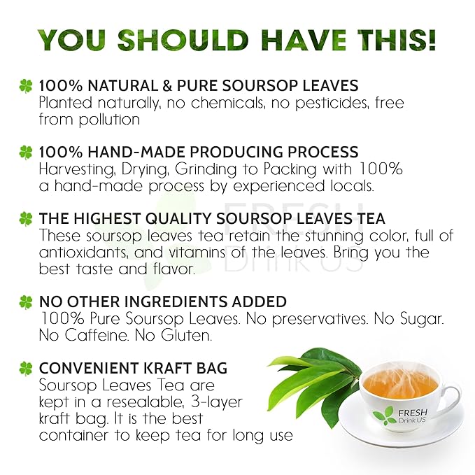 FreshDrinkUS, 240+ Premium Soursop Graviola Dried Leaves Tea, 230-250 Whole Soursop Leaves, Wildcrafted, Graviola , Guanabana , Hoja Guanabana, Loose Leaf Herbal , No Gluten, Vegan