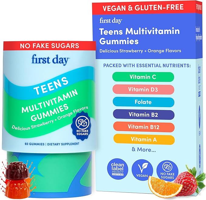 FIRST DAY Vitamins for Teens - Teen Multi Vitamins for Girls & Boys 12-17, Organic Fruit & Veggie Blend - 12 Key Nutrients: Vitamins A, B1, B2, B6, B9, B12, C, D3, E, K2-30 Day Supply