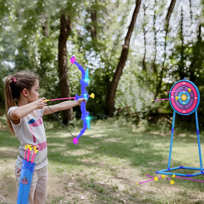 Kids Bow and Arrow Toy, Angel Light Up Archery Set W/ 10 Suction Cup Arrows, Targets & Quiver, Outdoor/Indoor Games for Kids Ages 4-7 8-12, Birthday Gifts for 4 5 6 7 8 9 10 11 12 Year Old Boys Girls