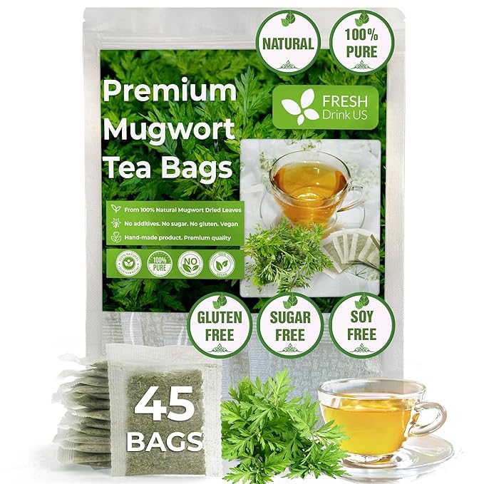 FreshDrinkUS, Premium 45 Mugwort Leaf Tea Bags, 100% Natural and Pure Mugwort Leaves. Loose Leaf Mugwort Herbal Tea. Mugwort Leaf Tea. No Sugar, No Caffeine, No Gluten, Vegan. (45 Tea Bags)