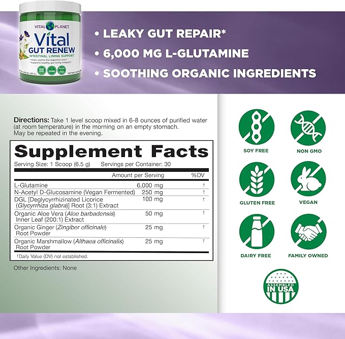 Vital Planet - Vital Gut Renew Powder Supplement for Leaky Gut Repair with L-Glutamine, Marshmallow and Ginger Root, DGL Licorice Root and Organic Aloe Vera, L Glutamine 6000mg 6.88 oz