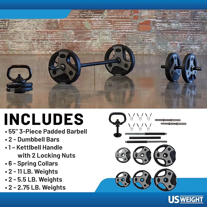 US Weight Adjustable Weight Set with 55" Barbell, Dumbbells, and Kettlebell Handle – Versatile Exercise Equipment for Home Gym Workouts