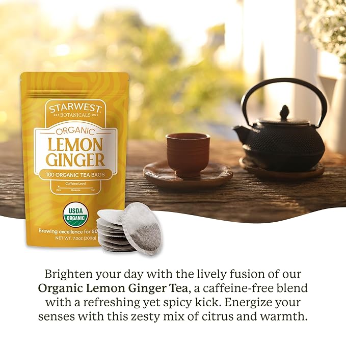 Starwest Botanicals Organic Lemon Ginger Tea - Caffeine Free Herbal Blend for Women & Men, Lemongrass, Ginger Root, & Peppermint Leaf, String Free Sachets, Non GMO - Bulk Pack, 100 Tea Bags