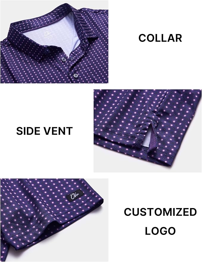 Obla Mens Golf Polo Shirts Short Sleeve Dry Fit Performance Moisture Wicking Casual Print Collared Golf Shirts for Men