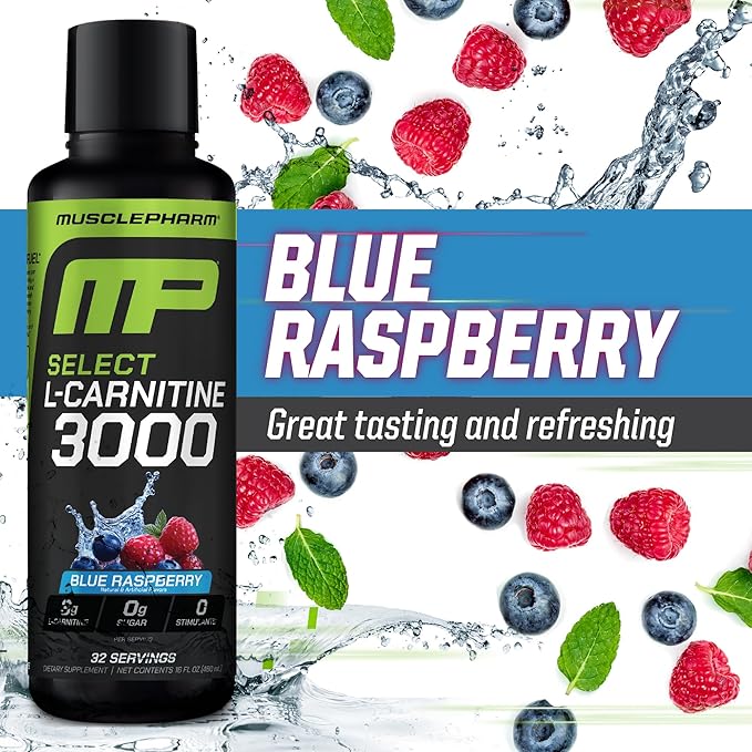 Muscle Pharm L-Carnitine 3000, The Ultimate Liquid L Carnitine Supplement for High-Performance, Supports Metabolism, Hydration & Energy, Zero Sugar/Calories, Blue Raspberry Flavor, 32 Servings
