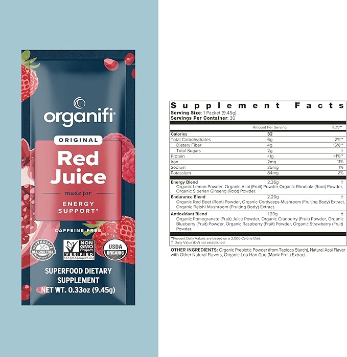 Organifi Red Juice - Energy Powder Reduces Afternoon Crashes and Boosts Digestion and Immune System, 15 Go Packets