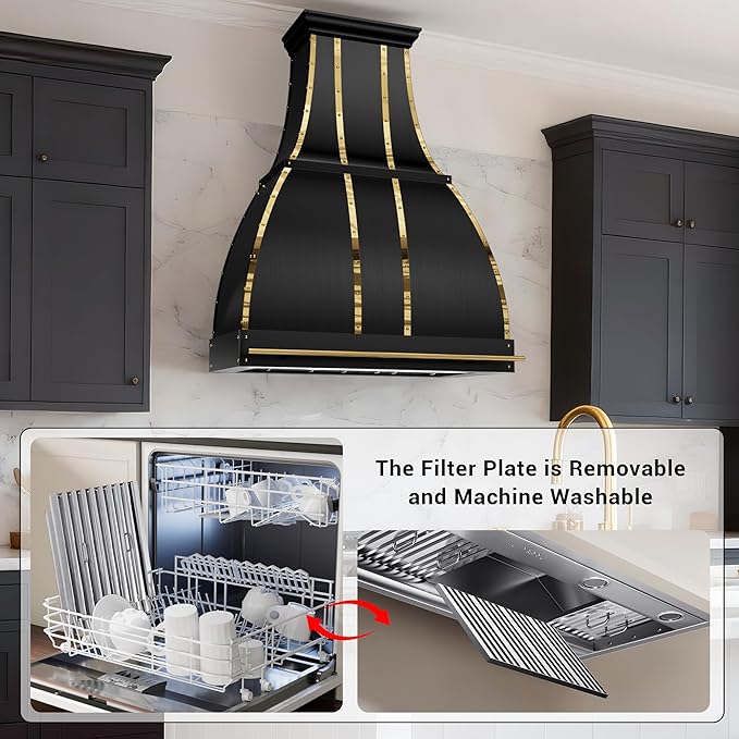 CHETTO C Stainless Steel Range Hood Cover with 4-Speed Vent Hood Insert Custom Handmade Metal Kitchen Fan with Towel Rack LED Light 60"W x21"D x42"H Black Wall Mount