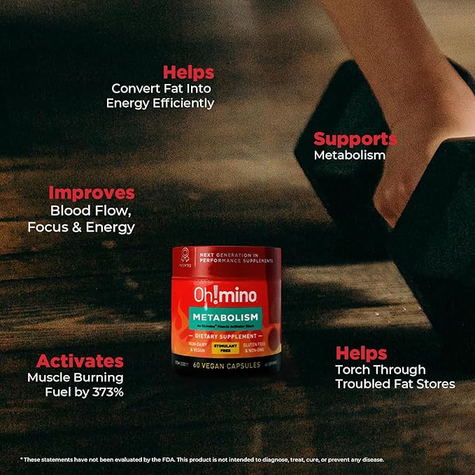 Oh!mino Metabolism Support Supplement for Efficient Fat to Energy Conversion w/L-Carnitine, Phenylcapsaicin, & Vitamin B3 - Non-Jitters, Stimulant-Free, Vegan, Non-Dairy Capsules (60 Servings)
