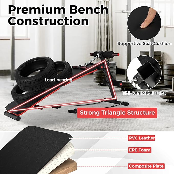 GYMAX Sit Up Bench, 330lbs Folding Decline Workout Bench with Spring Handle, Elastic Ropes & 4 Level Adjustable Height, Incline Weight Bench for Situp, Ab Crunch, Strength Training Exercise for Home Gym