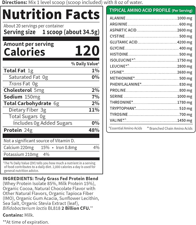 Garden of Life Sport Whey Protein Powder Chocolate, Premium Grass Fed Whey Protein Isolate Plus Probiotics for Immune System Health, 24g Protein, Non GMO, Gluten Free, Cold Processed - 20 Servings
