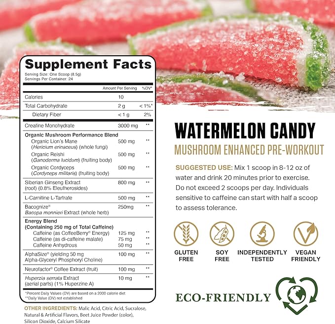 Ambrosia Kinetic Organic Preworkout, Mushroom Enhanced Natural Pre Workout Supplement, Nootropic Superfood Powder for Energy (Watermelon Candy)