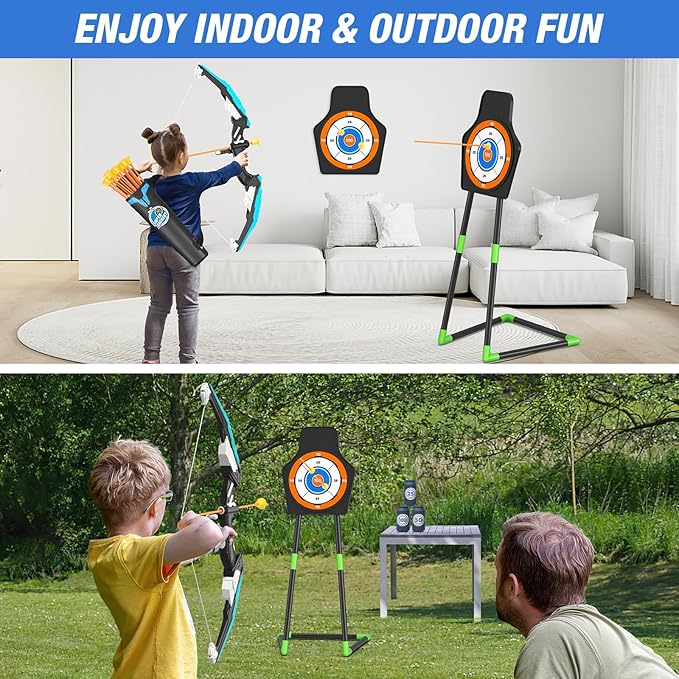 Bow and Arrow for Kids, LED Light Up Archery Set with 12 Suction Cup Arrows, 1 Standing Target, 3 Score Targets & 1 Quiver, Indoor Outdoor Sport Gifts for Boys Girls Ages 4-12, Blue