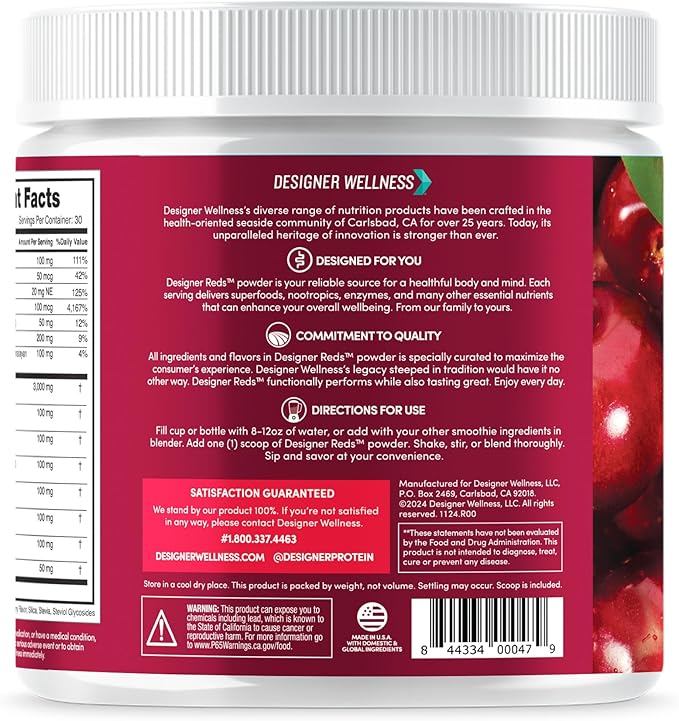 Designer Wellness, Designer Reds, Daily Superfood Powder with Beet Root, Support for Energy, Stress, Immune Health, Heart Health, and Digestive Health, Cherry Berry, 30 Servings