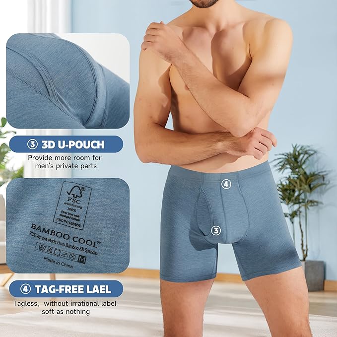 BAMBOO COOL Men's Ultra ComfortSoft Underwear, Moisture Wicking & Breathable No Ride Up Boxer Briefs with Fly, Multipack