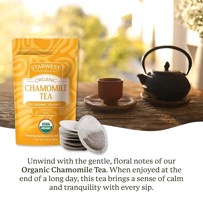 Starwest Botanicals Organic Chamomile Tea - Caffeine Free Herbal Tea, Supports Sleep & Relaxation, String Free Sachets, USDA Organic Chamomile, Non GMO - 20 Tea Bags