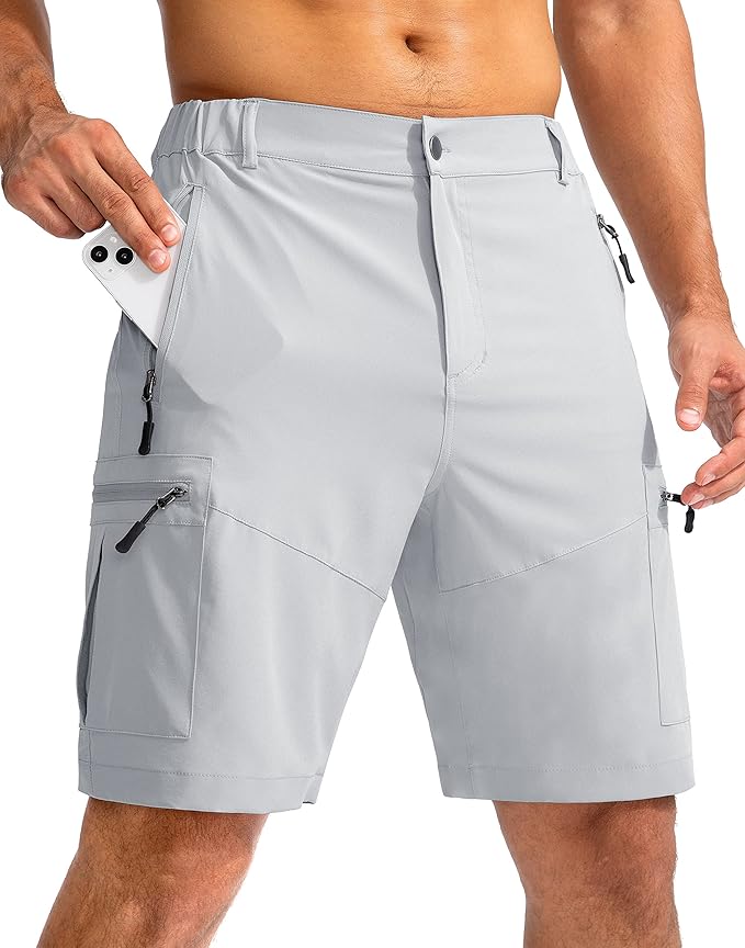 Pudolla Men's Hiking Cargo Shorts 9" Lightweight Outdoor Work Shorts for Men Travel Golf Camping Casual with 5 Zipper Pockets