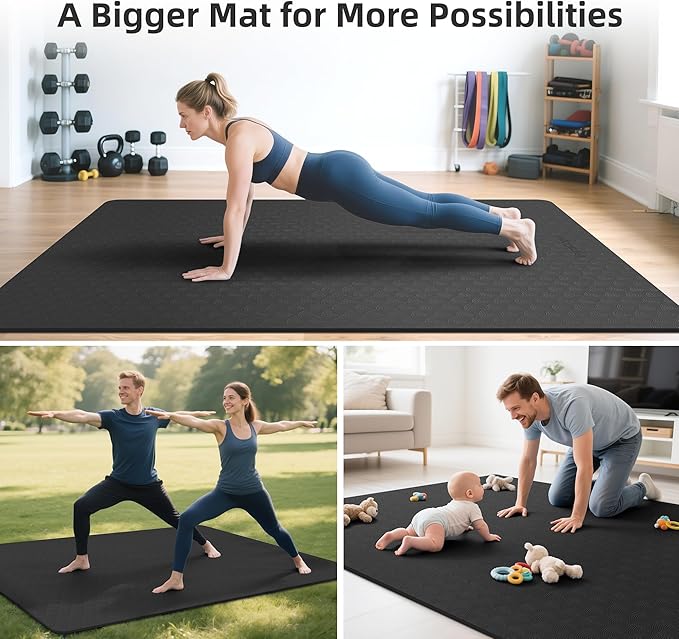 Extra Large Yoga Mat - 72"x35", 72"x48", 78"x57" - Wide TPE Exercise Mat for Home, Stretching, Couples & Family Workouts - 6-12mm Thick, Non-Slip & Waterproof - with Carry Bag and Straps