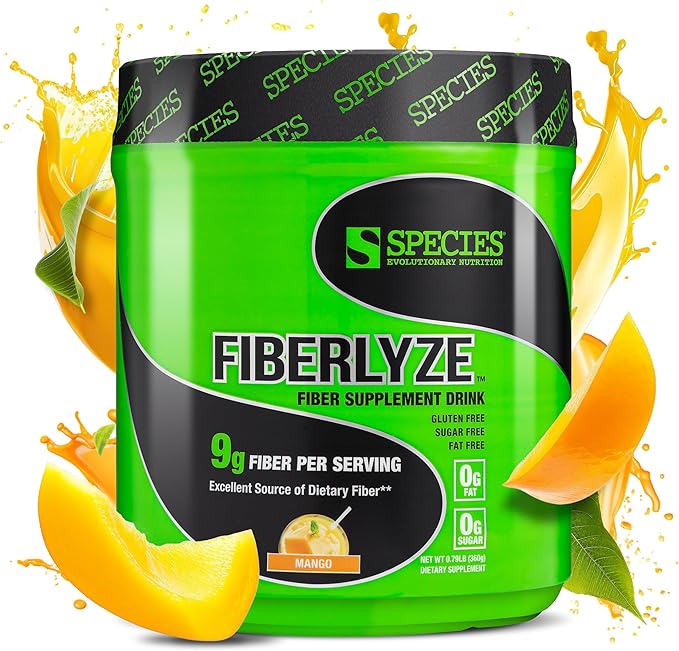 Species Nutrition Fiberlyze Fiber Supplement, Psyllium Based Soluble & Insoluble Fiber Powder for Healthy Colon, Digestive Functions (Mango, 30 Servings)